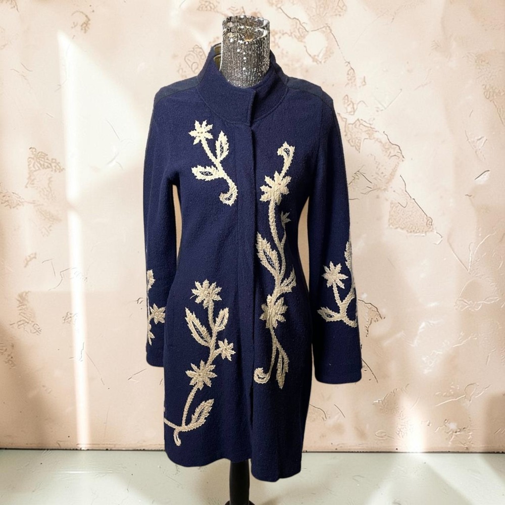 Anthropologie Sparrow Wool Sweater Coat Navy Floral Embroidered Cardigan Medium